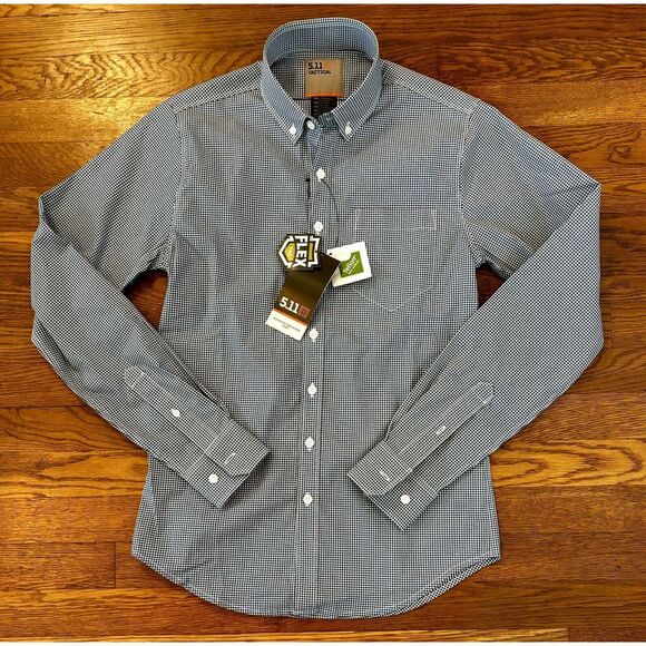 5.11 511 Tactical Mens XS Long Sleeve Alpha Flex Dress Button Down Gingham Blue - Picture 2 of 8